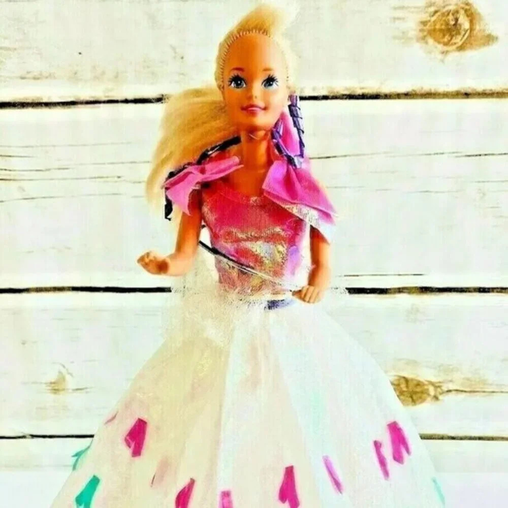 MATTEL BARBIE Blonde Hair Blue Eyes Pink White Gown Outfit 12" Tall